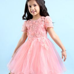 Mark & Mia Half Sleeves Party Dress with Floral Corsage Motif & Pearl Detailing - Peach-image-39