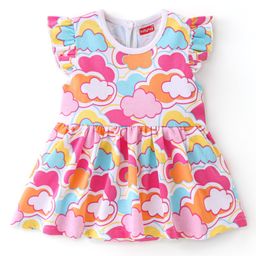 Babyhug 100% Cotton Frill Sleeves  Frock Style Onesie Cloud Print - Pink-image-74