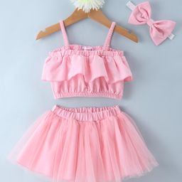 Kookie Kids Singlet Sleeves Top & Skirt With Bow Headband Solid Colour - Pink-image-102