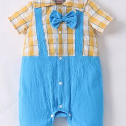 Kookie Kids Half Sleeves Checked Romper With Bow Applique- Yellow-image-46