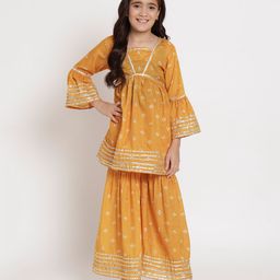 READIPRINT Three Fourth Bell Sleeves Floral Printed Cotton Kurta &  Sharara - Mustard Yellow-picture-1
