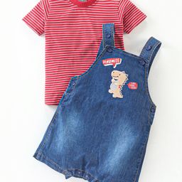 Little Kangaroos  100% Cotton Knit Dungaree Dino Patch &  Half Sleeves Striped T-Shirt - Dark Blue & Red-picture-23