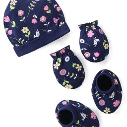 Doodle Poodle 100% Cotton Cap Mittens & Booties Set Floral Print Limoges Blue - Diameter 10.5 cm-image-1