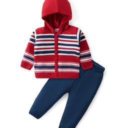Babyhug Knitted Full Sleeves Hooded Front Open Sweater Set with Striped Design - Multicolour-image-29