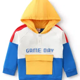 Babyhug Cotton Knit Full Sleeves Cut & Sew Hooded Sweatshirt With Front Pocket & Puff Text Print - Multicolor-picture-3