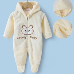 Kookie KIds Full Sleeves Solid Colour Bear Embroidered Hooded Footed Romper - Off White-image-15