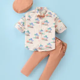 ToffyHouse 100% Cotton Woven Full Sleeves Beach Theme Printed Shirt & Trouser Set with Bow Hat & Suspender - Dark Peach-picture-29