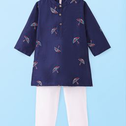 Babyhug Woven Full Sleeves Kurta Pyjama Set with Umbrella Embroidery - Navy Blue-image-33