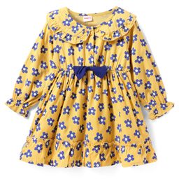 Babyhug Viscose Woven Full Sleeves Floral Printed Frock with Peter Pan Collar & Bow Detailing - Yellow-image-42