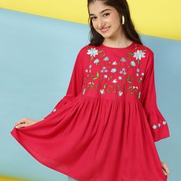 ISHTI Rayon Three Fourth Bell Sleeves Floral Embroidered Top - Maroon-image-61