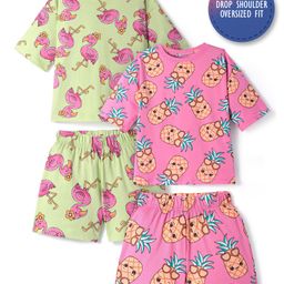 Primo Gino 100% Cotton Knit Half Sleeves Shorts Set with Pineapple & Flamingo Print Pack of 2 - Green & Pink-image-63