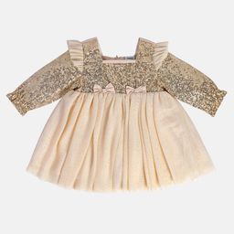 MINI KLUB Cotton Full Puffed Sleeves Sequins Embellished Bow Applique Detailed Glitter Printed Dress - Beige-image-33