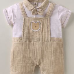ToffyHouse Cotton Knit Half Sleeves Dungaree Style Party Romper with Teddy Patch & Bow Applique - Khaki-image-6