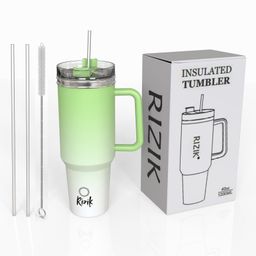 RIZIK STORE 40oz Stainless Steel Insulated Tumbler with 2 Straws & Cleaner, 100% Leak-Proof, Double Wall, Ideal for Hot & Cold Drinks Perfect for Gym, Travel, Yoga, Office, Home (Green & White) 1200ml-22
