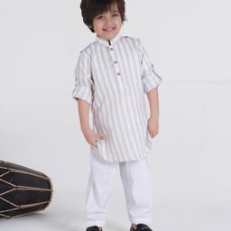 Ministitch Linen Full Sleeves Striped Pathani Style Kurta Pyjama Set - Beige-image-84