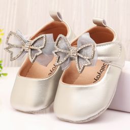 Babyoye Velcro Closure Solid Coloured Booties With Bow Applique - Silver-picture-1