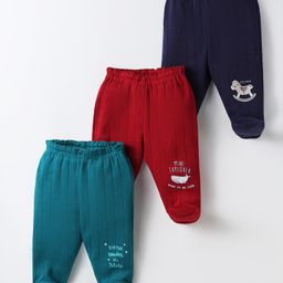 Zero Sinker Woven Bootie Leggings With Text Print Pack Of 3 - Navy Blue Teal Blue & Maroon-image-3