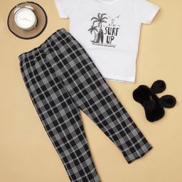RAINE AND JAINE Cotton Knit Half Sleeves Checked & Surf Up Text Printed Night Suit Set - White & Black-image-25