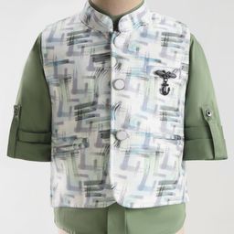 Dapper Dudes Full Sleeves Abstract Printed Waistcoat With Shirt - Pista Green-picture-24