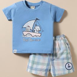 CUCUMBER Single Jersey Knit Half Sleeves Embroidered Shorts Night Suit With Nautical Theme & Checks - Light Blue-image-75