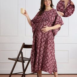 Bella Mama Cotton Woven Half Sleeves Maternity Nursing Kaftan Style Nighty with Floral Print - Maroon-picture-11