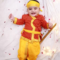 KID1 Cotton Woven Janmasthami Theme Full Sleeves Krishna Costume Set With Mor Pankh & Headband - Red-image-34