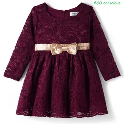 Babyoye Woven Lace Fabric Full Sleeves Party Dress with Bow Applique & Embroidery - Maroon-picture-25