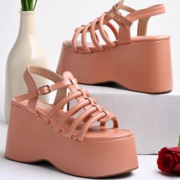 Shoetopia Solid Closure Buckle Gladiator Platforms - Peach-picture-28