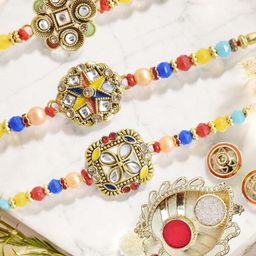 MEIRA JEWELLERY Set Of 3 Stone-Studded & Beaded Rakhi With Greeting Card Gift Set-16