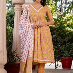 KALINI Floral Printed Pure Cotton A-Line Kurta With Trouser & Dupatta-image-66