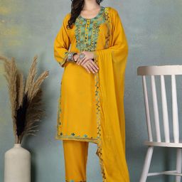 Clora Creation Floral Embroidered Thread Work Round Neck Kurta with Trouser & Dupatta-58