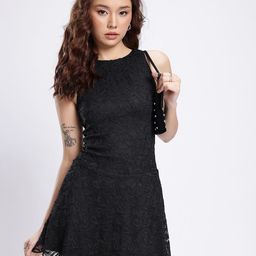 glitchez Chic Cool Self Design Floral Lace Flared A-Line Mini Dress-image-56