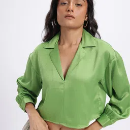 glitchez Satin Finish Crinkled Crop Shirt Style Top-image-82