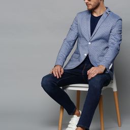 Blackberrys Men Blue Printed Trim Slim Fit Single-Breasted Casual Pure Cotton Blazer-56