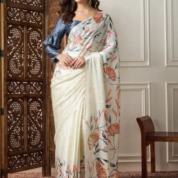 Saree Mall Beige Printed Sarees With Unstitched Blouse-image-99
