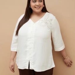 Nexus Off White Regular Fit Embroidered Plus Size Top-37