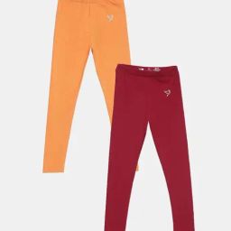 TWIN BIRDS Kids Red & Orange Cotton Regular Fit Leggings (Pack of 2)-image-79