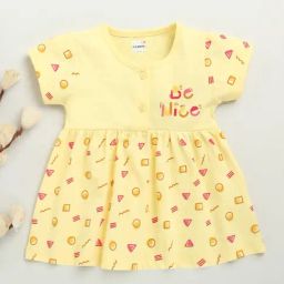 Bumzee Girls Yellow Cap Sleeves Cotton Knee Length Frock-image-4