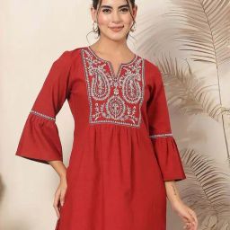 Nayam By Lakshita Rust Cotton A-Line Embroidered Kurtis-picture-30