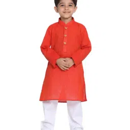 VASTRAMAY Kids Red & White Cotton Self Pattern Kurta Set-25