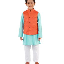 VASTRAMAY Kids Aqua & White Textured Kurta Set-image-63