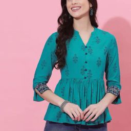 SELVIA Turquoise Cotton Printed Peplum Top-picture-9