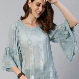 Ishin Women's Poly Georgette Blue Lurex Embroidered A-Line Top-image-2