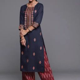 Indo Era Navy Cotton Printed Straight Kurta-image-13