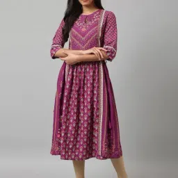 W Purple Floral Print A Line Kurta-image-41