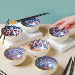 Nestasia Multicolor Mandala Ceramic Side Bowls and Chopsticks for Serving Noodles (Set of 6, 250 ml)-12