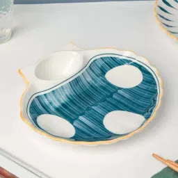Nestasia White and Blue Nitori Ceramic Shell-Shaped Dots Plate with Section for Snacks (8.6 Inch)-42
