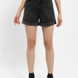 MADAME Black Cotton Slim Fit Shorts-image-27