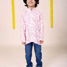 Kiddopanti Boys White & Medium Blue Printed Regular Fit Kurta Set-image-78