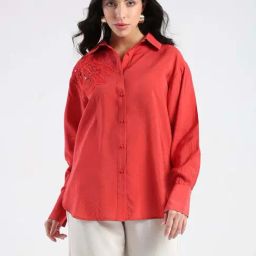 Madame Red Regular Fit Embroidered Shirt-image-4